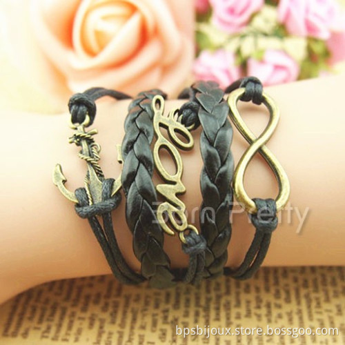 Multiple Black Wax Rope Bracelet Vintage Anchor Stock Romantic Love Letter Password String